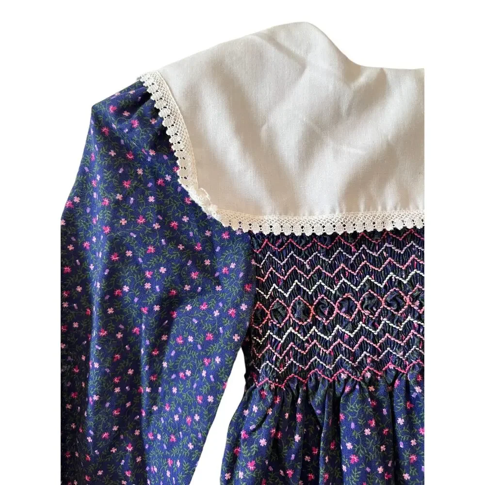 Vintage 80s Polly Flinders Girls Hand Smocked Dress Sailor Collar 7